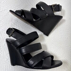 Womens MODERN VINTAGE Robin black leather wedge ankle strap sandals. US 7 /37.5
